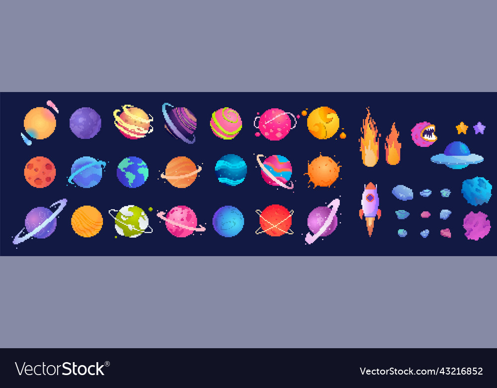 Set of pixel astronomical elements vector image Set of pixel astronomical elements