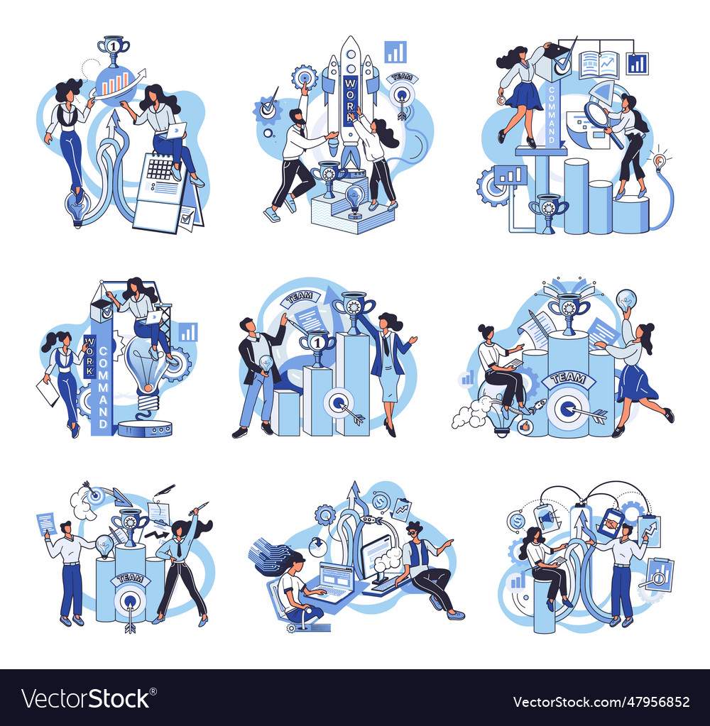 Problemlösung und Befehlsarbeit Teamwork Set vector image Problemlösung und Befehlsarbeit Teamwork Set