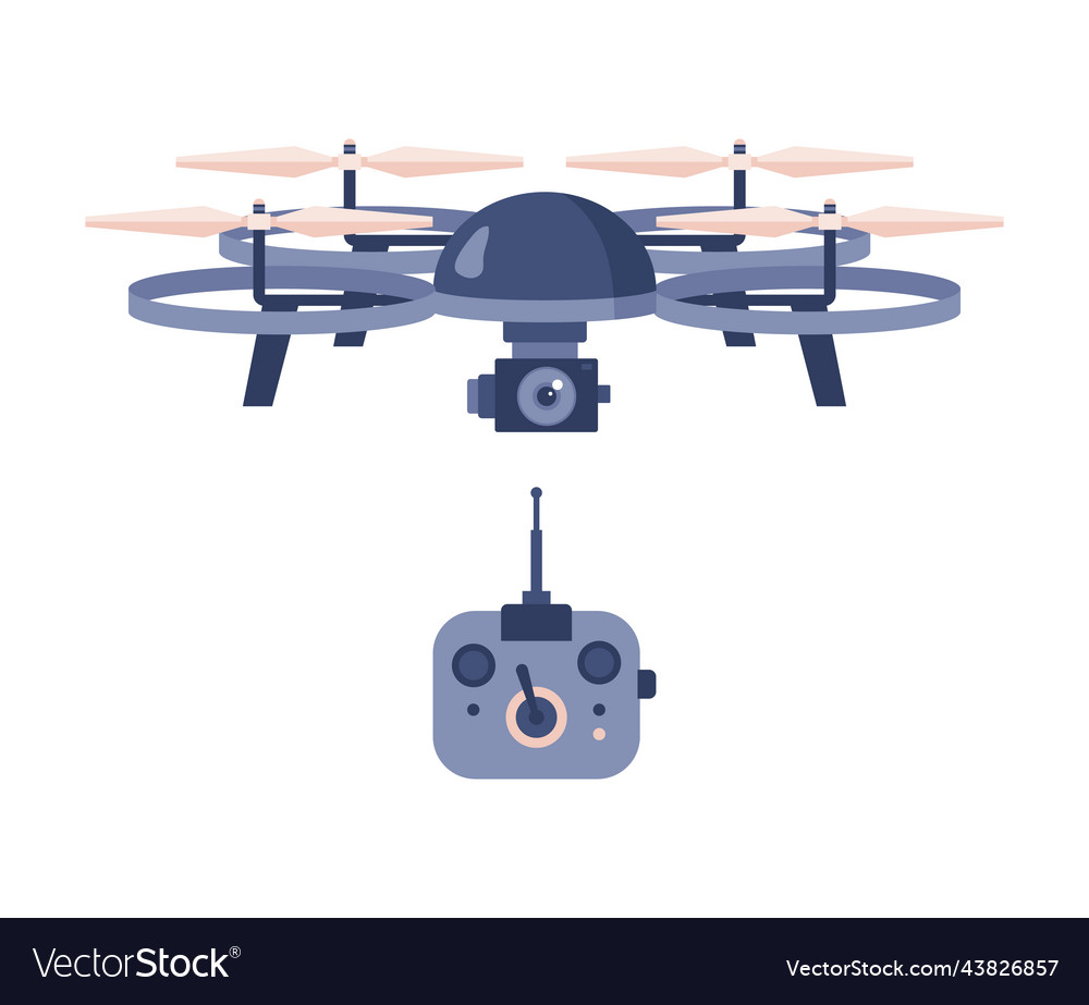Drone with camera and remote controller flat vector image Drone with camera and remote controller flat