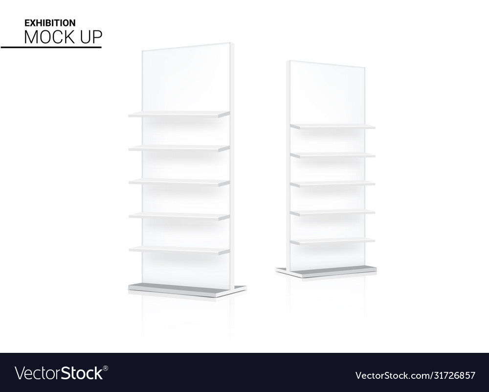 Mock up realistic banner shelf kiosk display 3d vector image Mock up realistic banner shelf kiosk display 3d