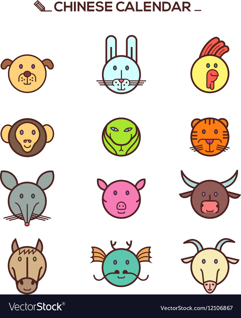 Black Line Chinese Zodiac Animal Icons Royalty Free Vector