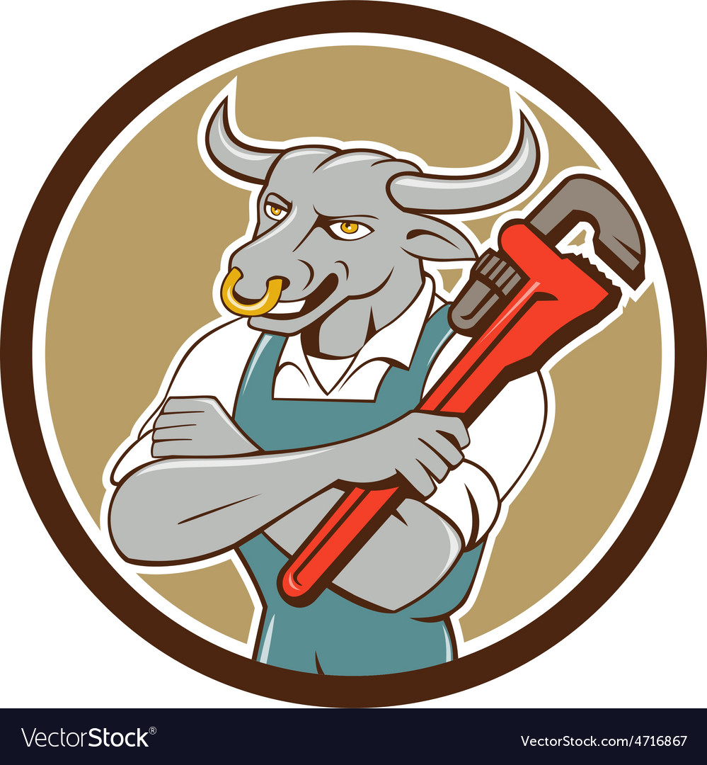 Bull Plumber Wrench Standing Circle Cartoon Vector Image