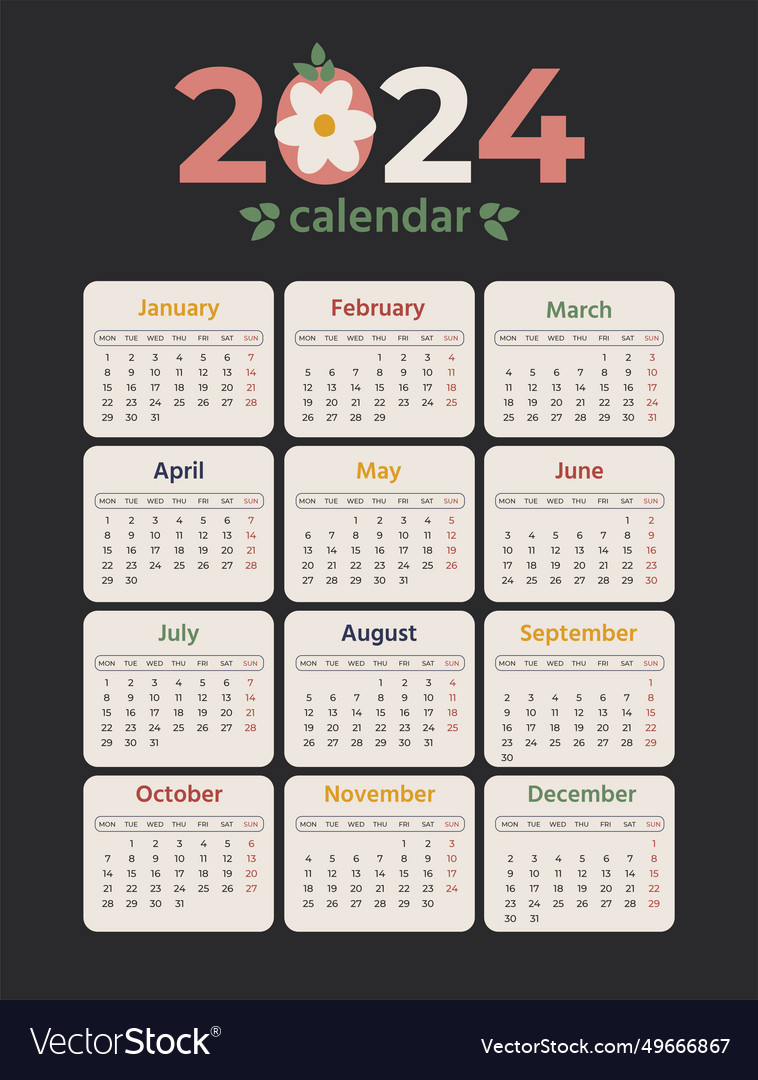 Calendar 2024 calendar 2024 week starts sunday Vector Image