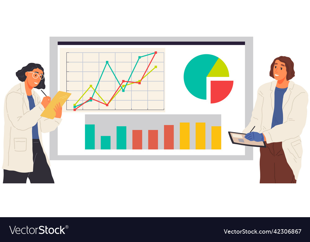 Scientist works with data analytics and research vector image Scientist works with data analytics and research