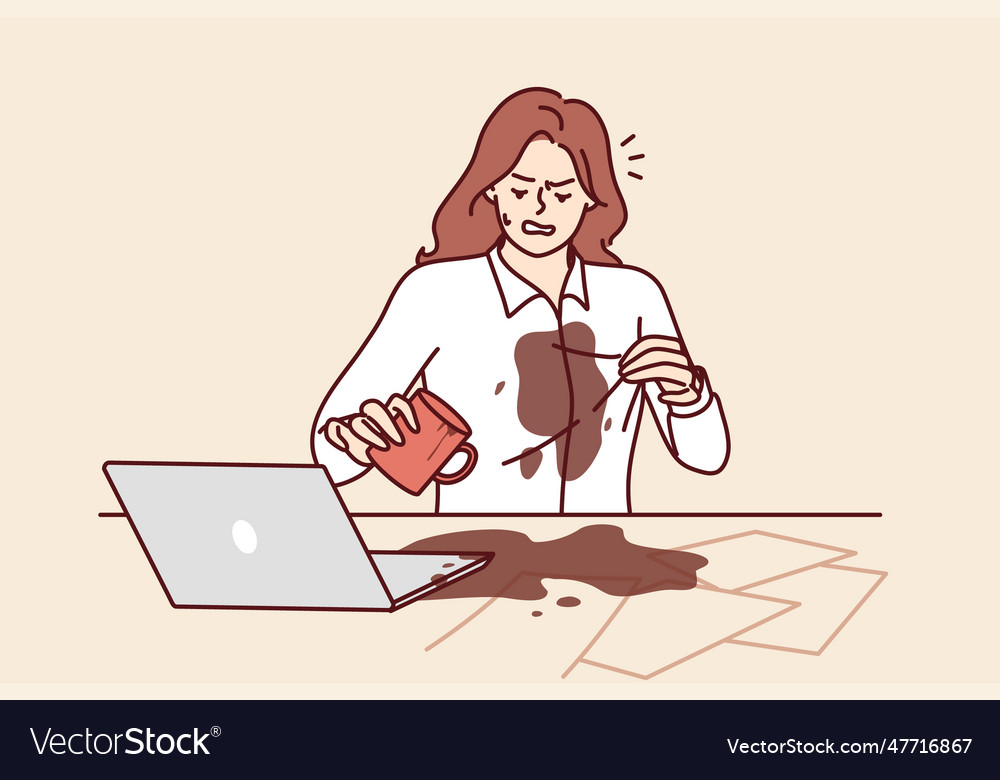 Woman spilled coffee on shirt doing office work