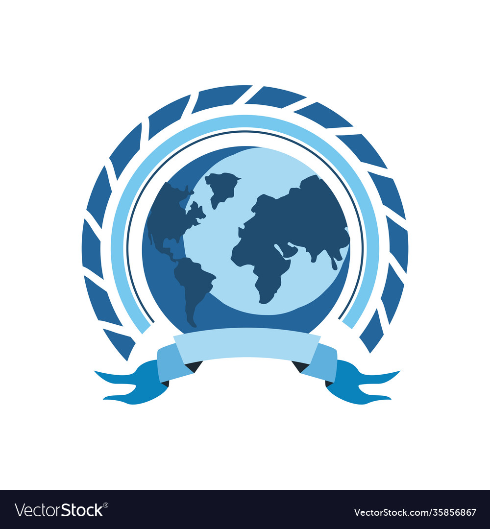 World with ribbon in seal stamp design Royalty Free Vector