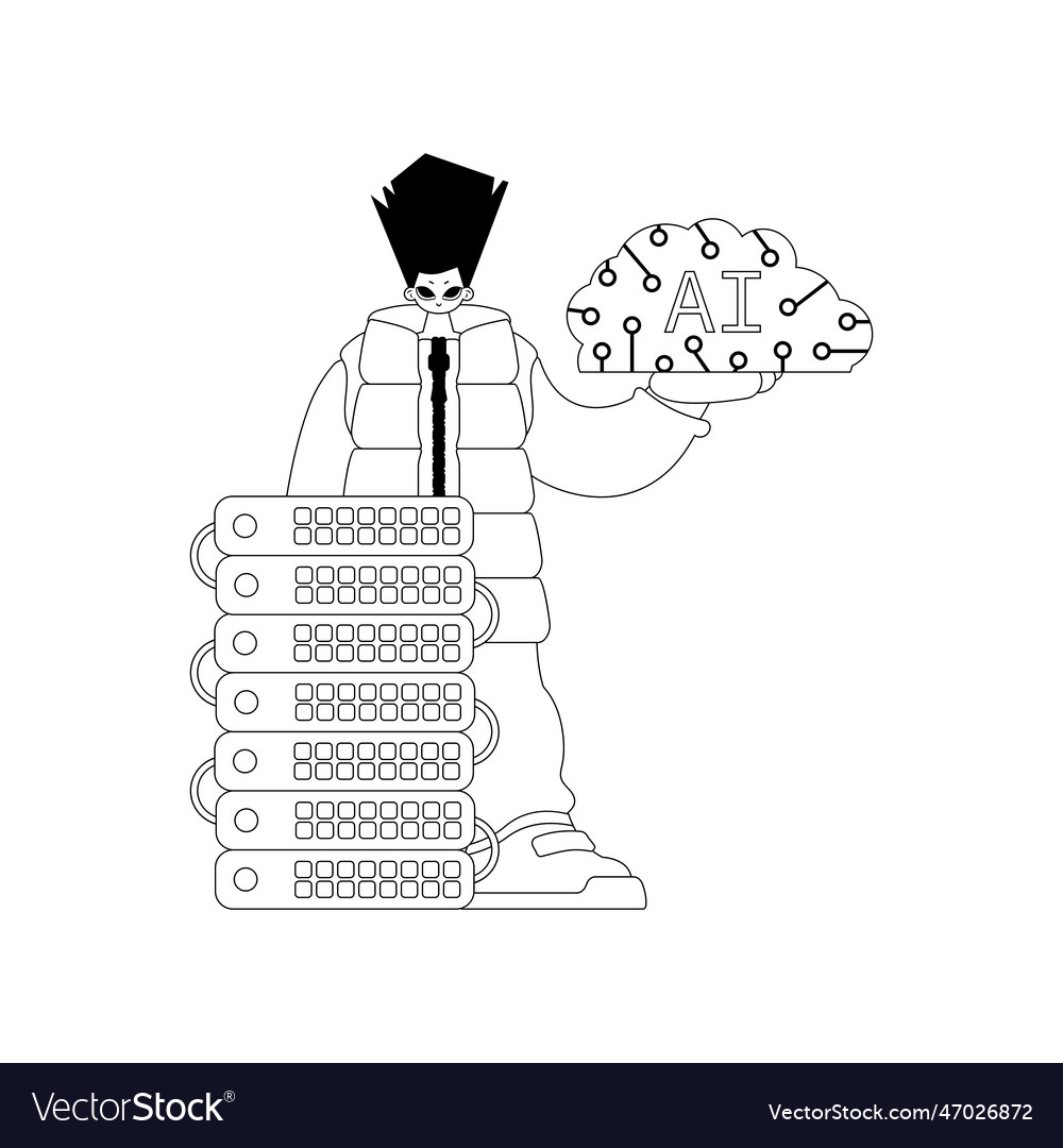 Ai guy and server in linear style with theme vector image Ai guy and server in linear style with theme