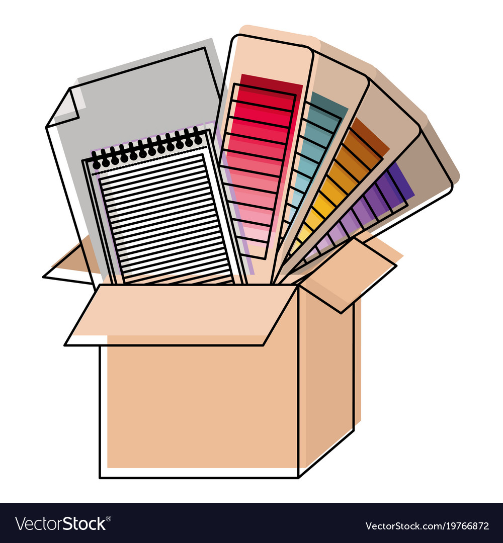 Cardboard box and color palette guide notebook