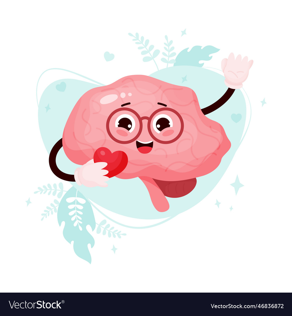 Cute cartoon brain character smiling human organ