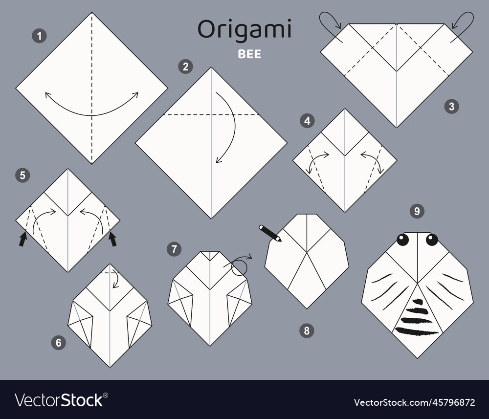 Origami tutorial scheme bee for kids Royalty Free Vector