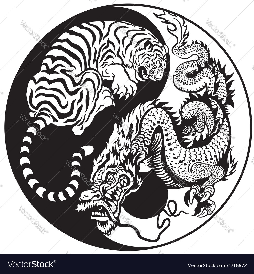 Yin Yang Dragon And Tiger Black White Royalty Free Vector