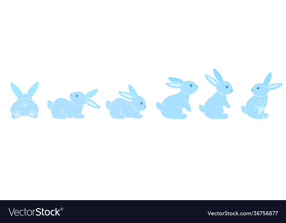 A set cute blue rabbits six colored sitting