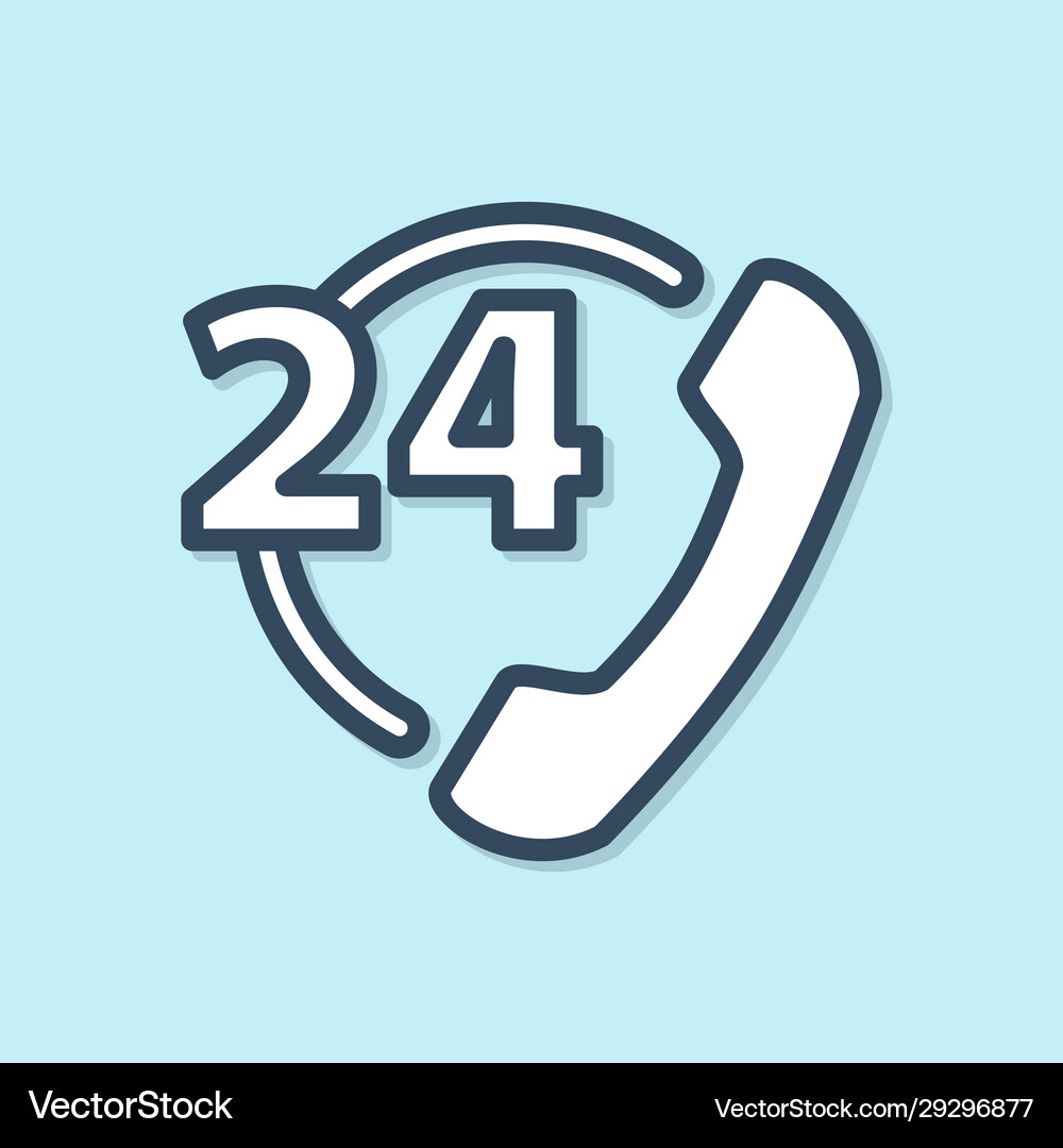 Blue line telephone 24 hours support icon isolated