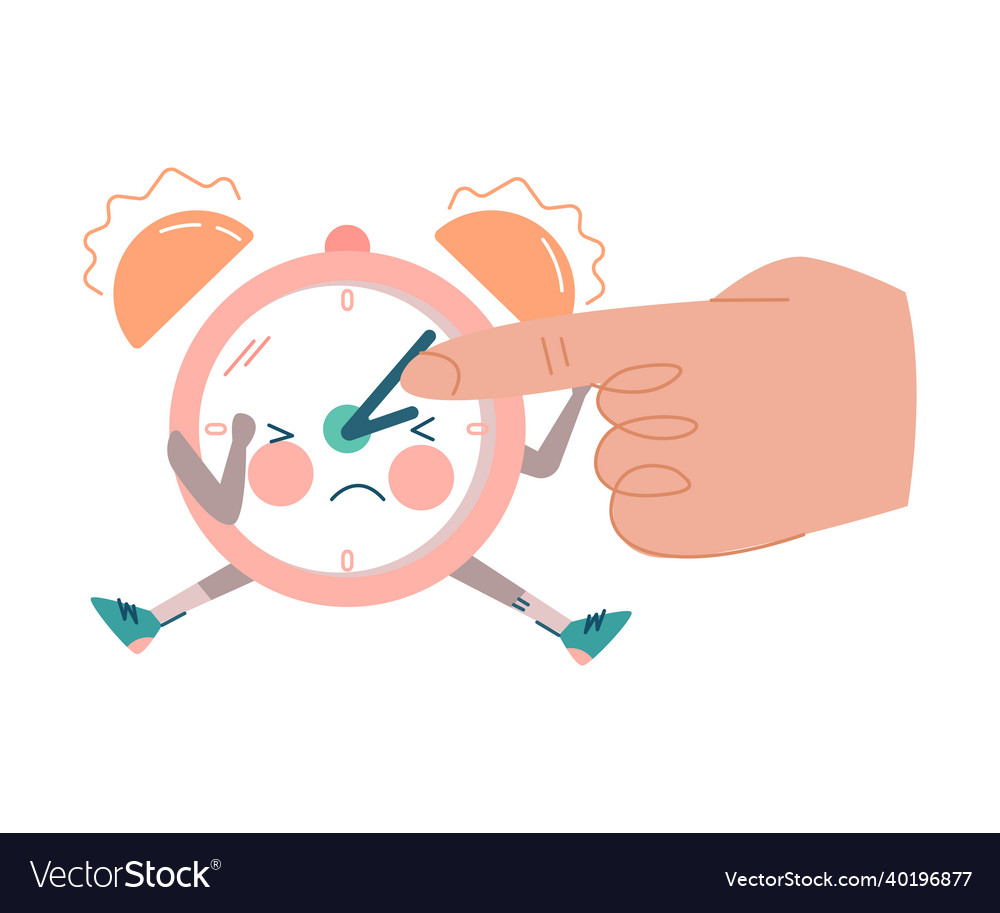 Funny ringing clock character and hand setting vector image Funny ringing clock character and hand setting