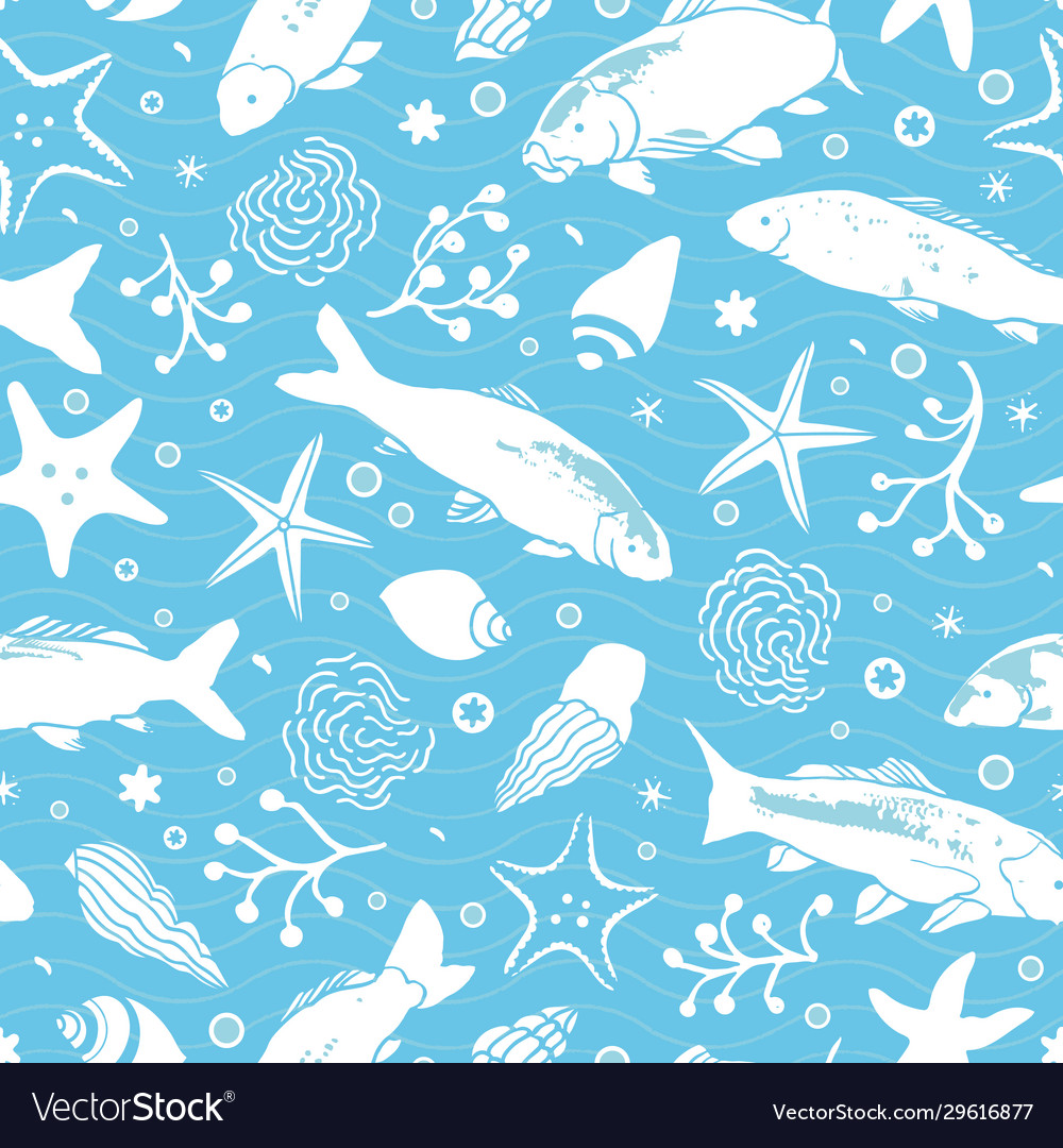 Sealife linocut style fish stripe pattern
