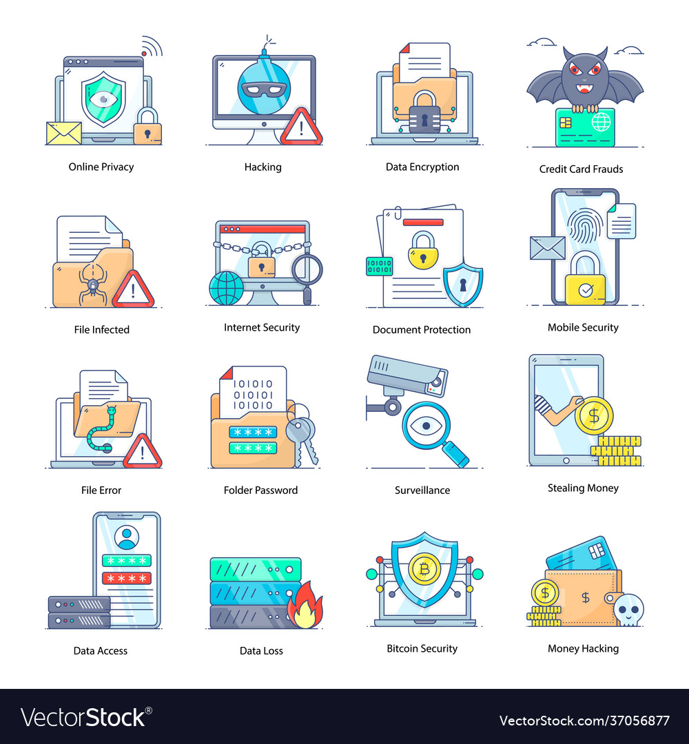 Set security and hacking flat outline icons