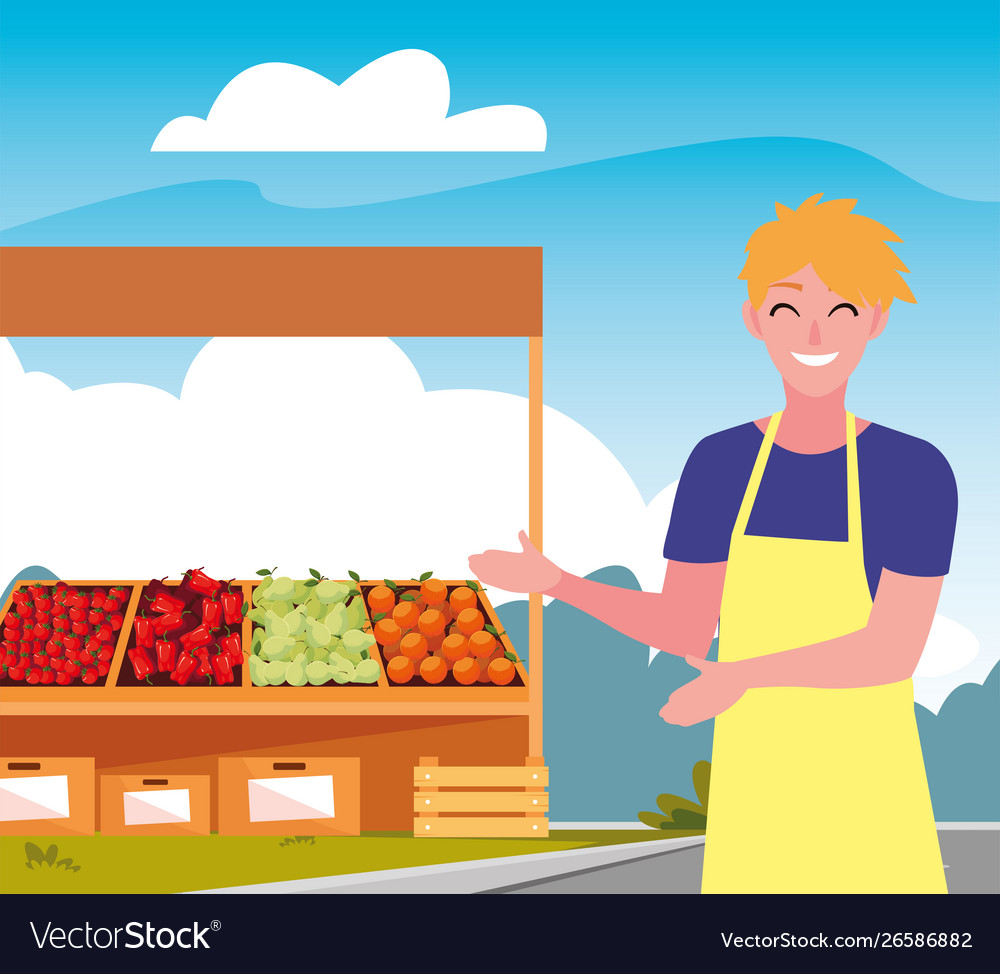 Verkäufer Frau Bauernhof Produkte stehen vector image Verkäufer Frau Bauernhof Produkte stehen