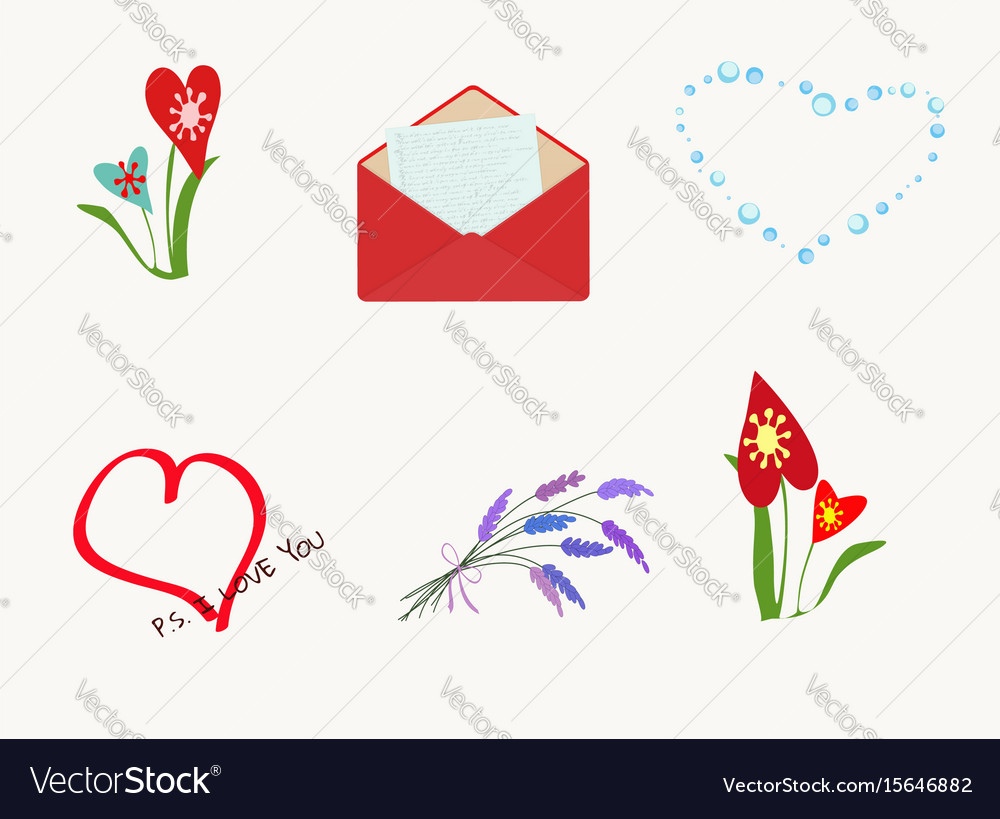 Set of different elements for romantic postcard