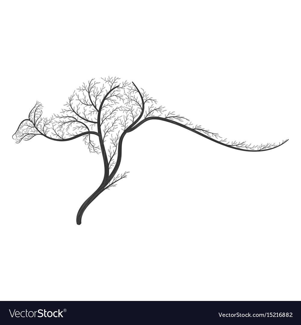 Silhouette of a kangaroo stylized bushes for use