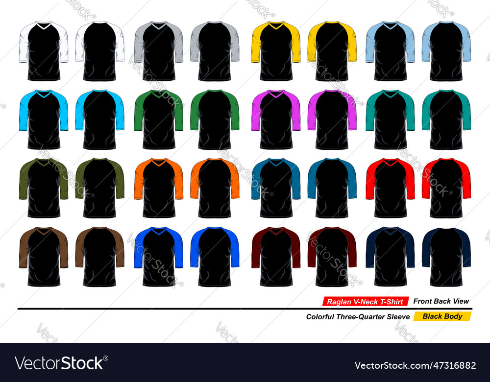 Three quarter raglan v-neck t shirt front back Vector Image