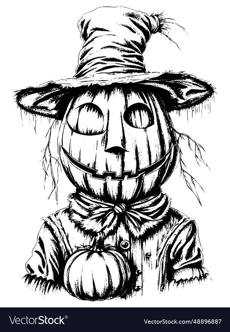 Cartoon scary scarecrow made of pumpkin on white