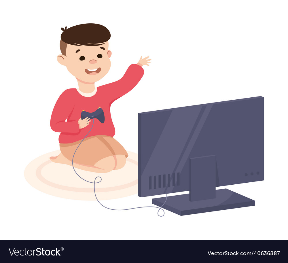 Cute boy with joystick sitting on the floor Vector Image