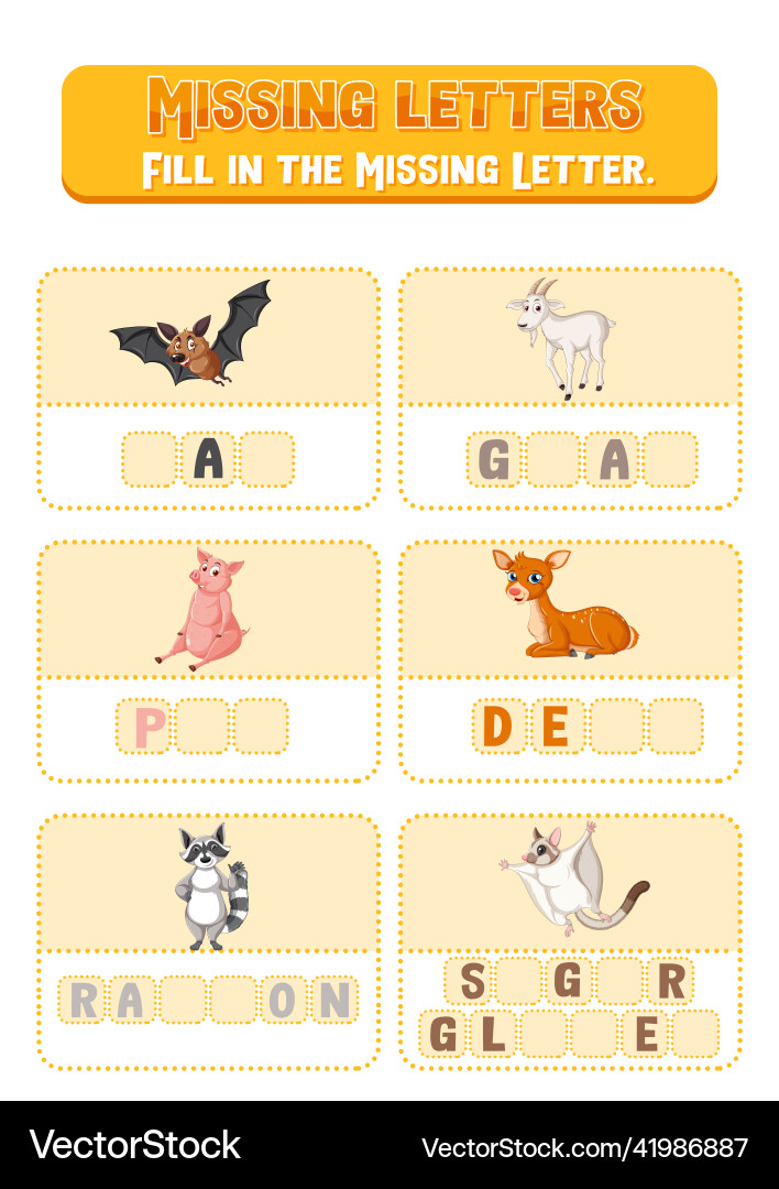 Fill the missing letter of each word worksheet Vector Image