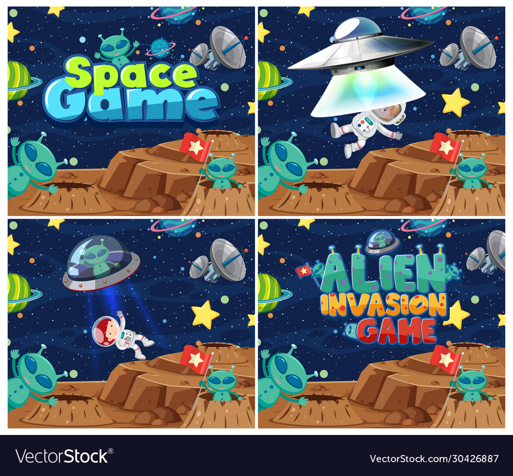 Four background design with aliens and many