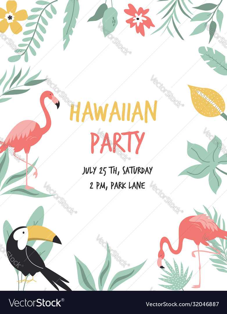 Hawaiianische Karte mit toucan flamingos Blumen