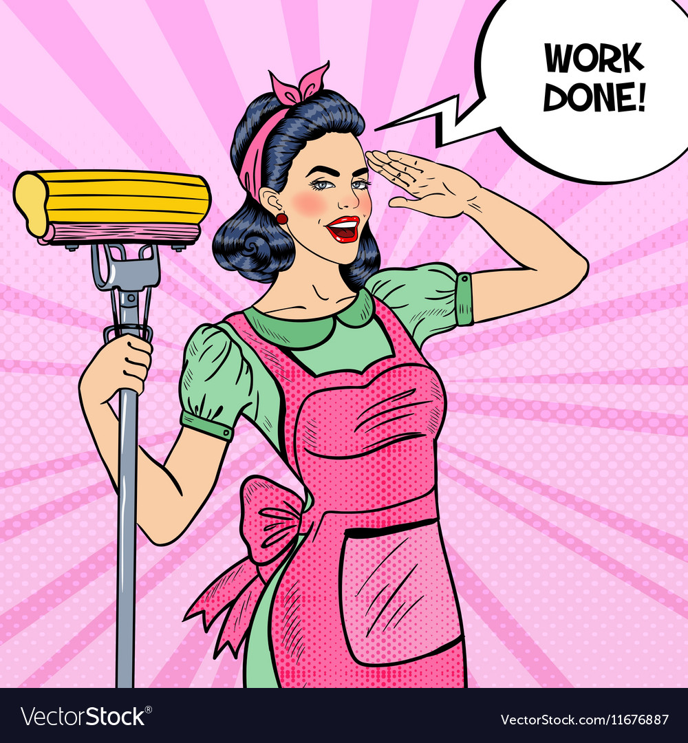 Pop art housewife woman cleaning house with mop