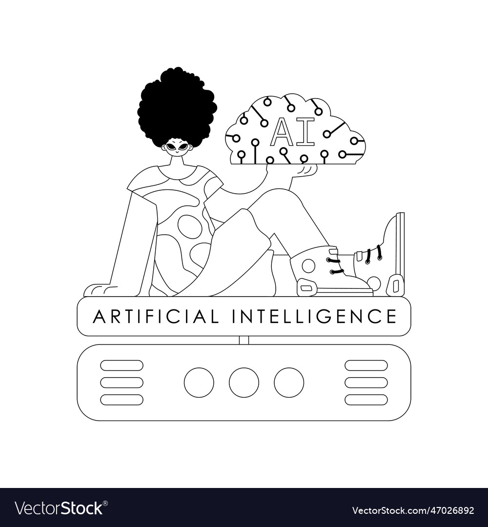 Ai guy and server in linear style with theme vector image Ai guy and server in linear style with theme