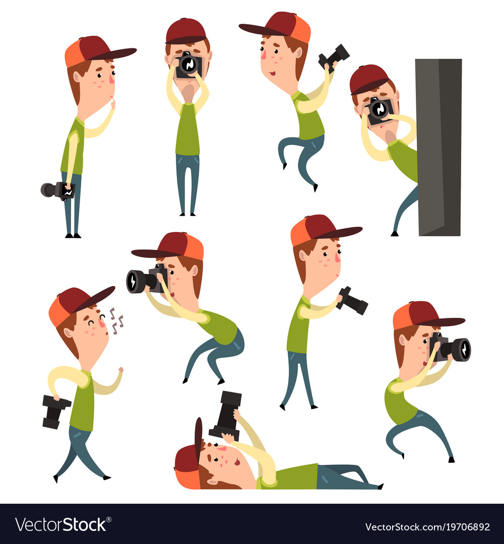 Cartoon set of boy with camera in different