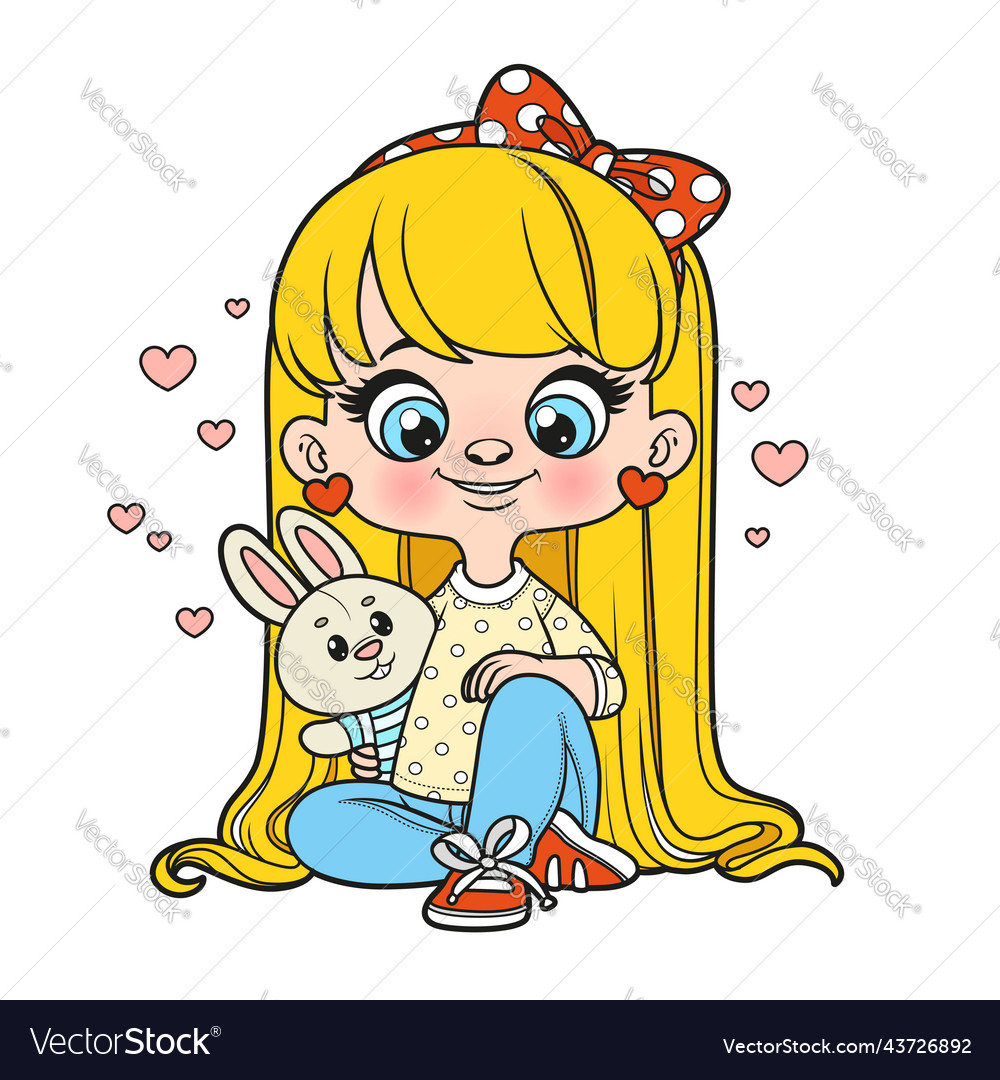 Cute cartoon long haired girl with soft toy bunny