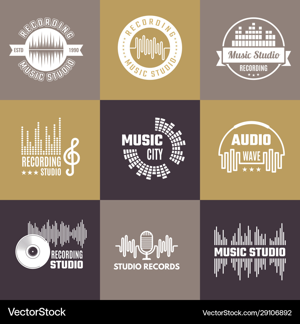 Musical logo audio studio badges sound waves Vector Image
