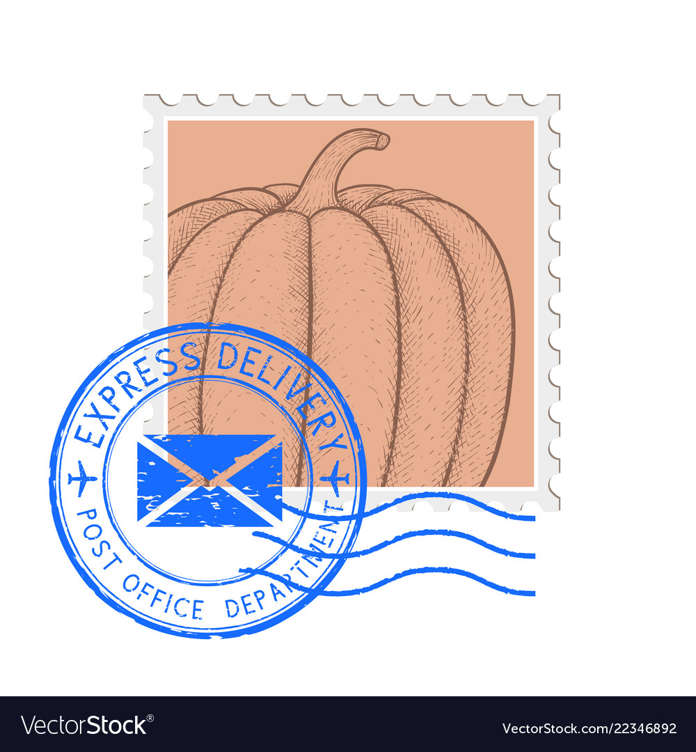 Postal stamp with pumpkin and blue round postmark