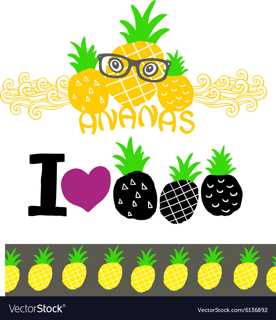 Set of labels with pineapple and seamless pattern