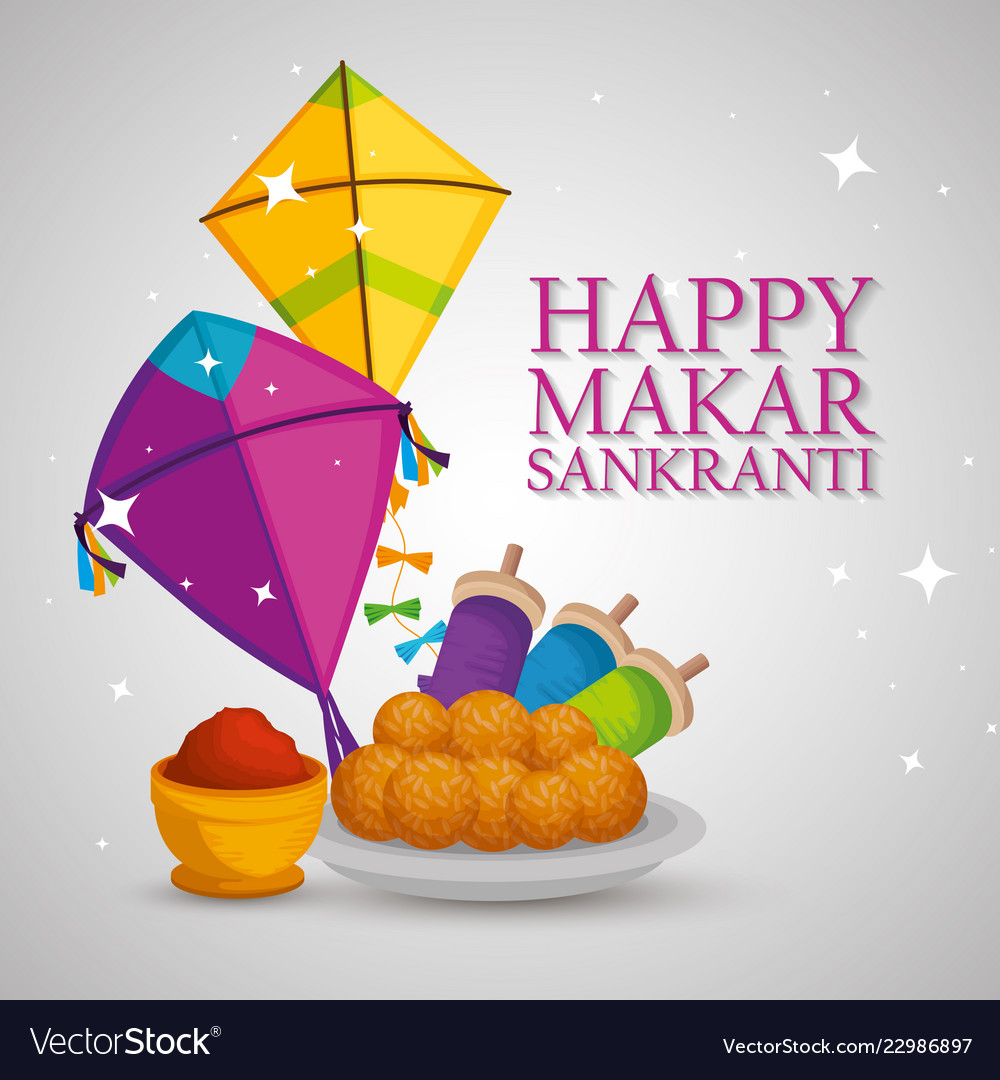 Happy makar sankranti with kites and food Vector Image