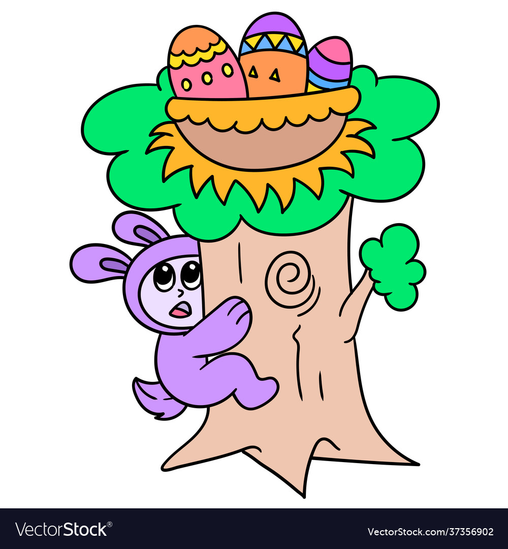 Easter bunny is climbing a big tree to pick up