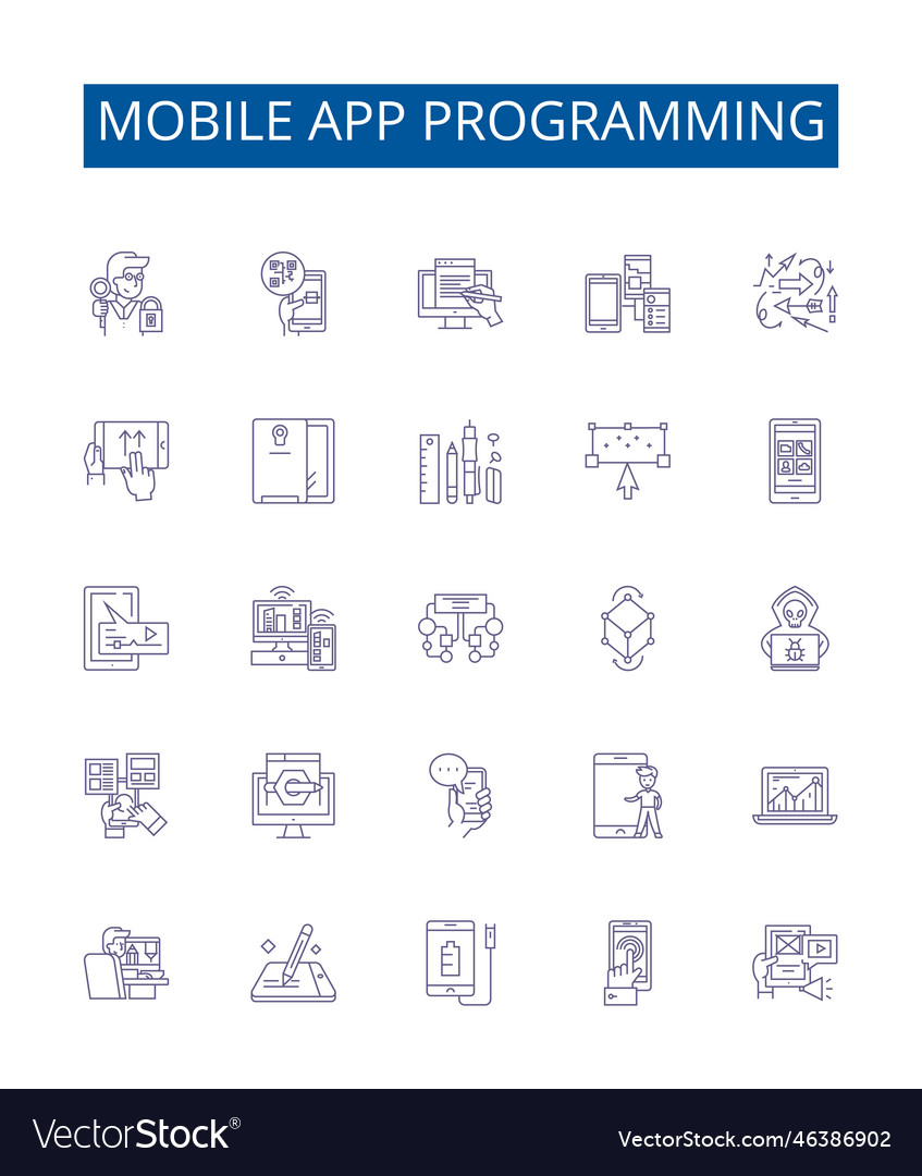 Mobile app programming line icons signs set