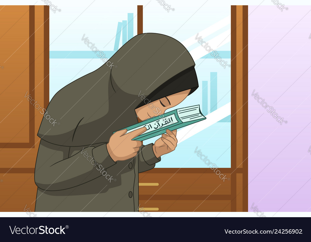 Muslim girl praying and kissing quran Royalty Free Vector