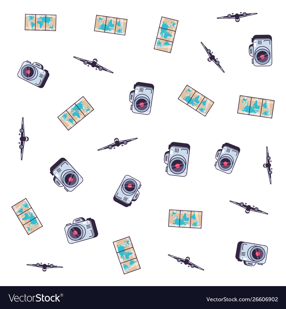 Pattern camera with map paper and airplane vector image Pattern camera with map paper and airplane