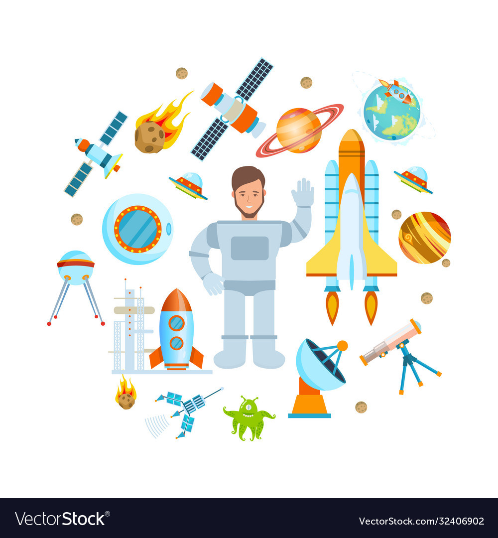Set space objects theme flight astronaut vector image Set space objects theme flight astronaut