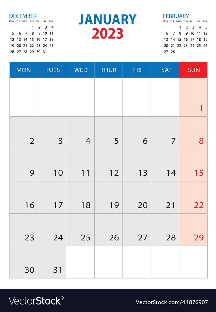 Calendar 2023 template - january year Royalty Free Vector