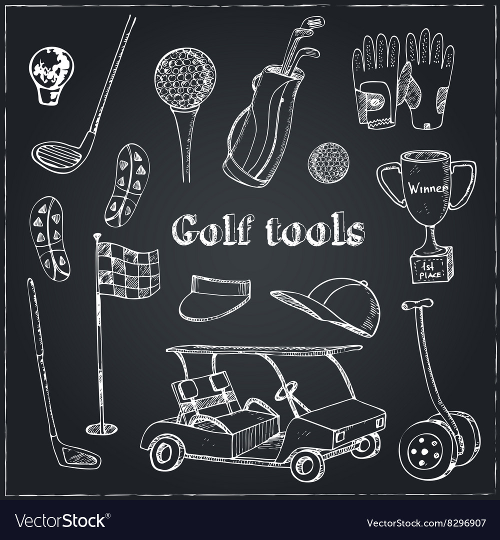 Hand drawn set with golf tools