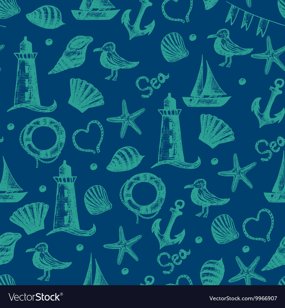 Seamless pattern hand drawn sea themed objects