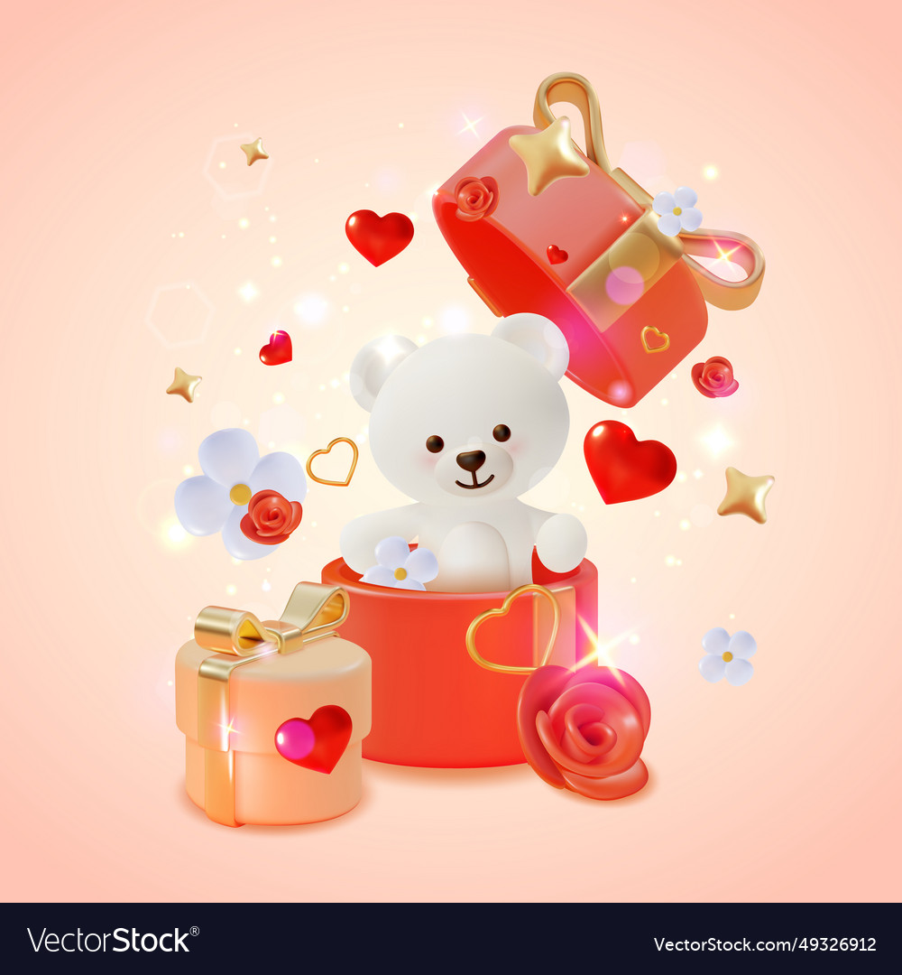 3d gift box with cute teddy bear toy valentines