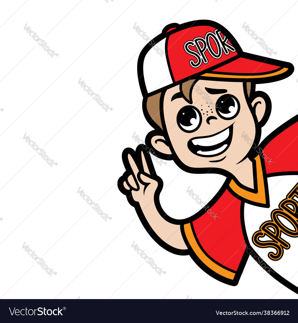 Cartoon boy in cap showing victory sign outline