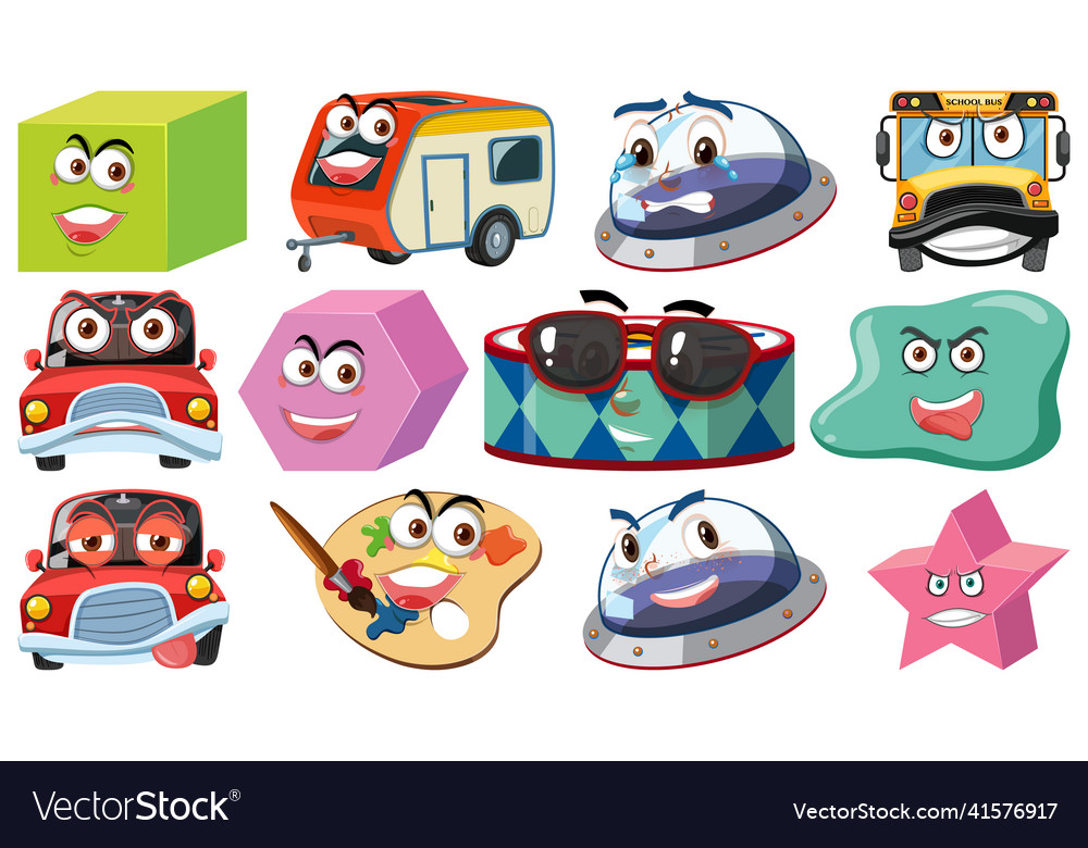 Set of different toy objects with smiley faces vector image Set of different toy objects with smiley faces