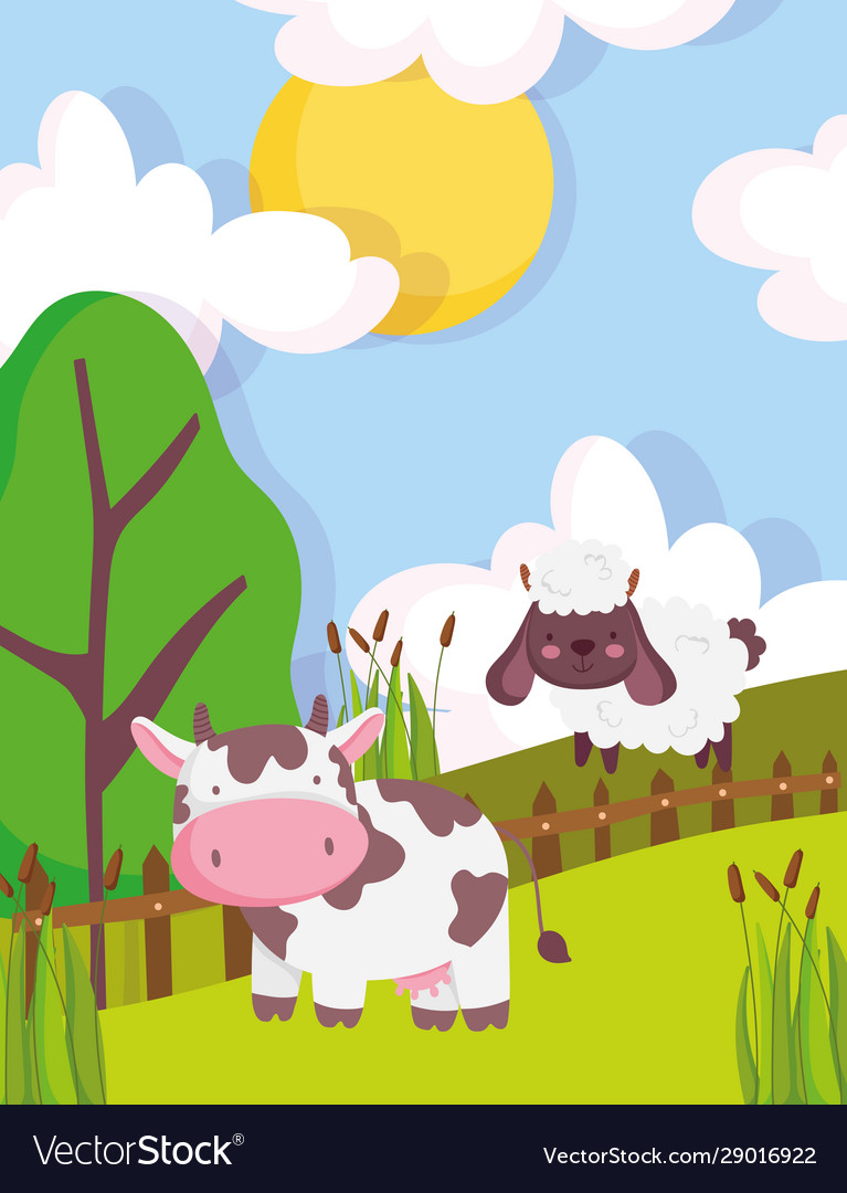 Cow and sheep wooden fence trees farm animal