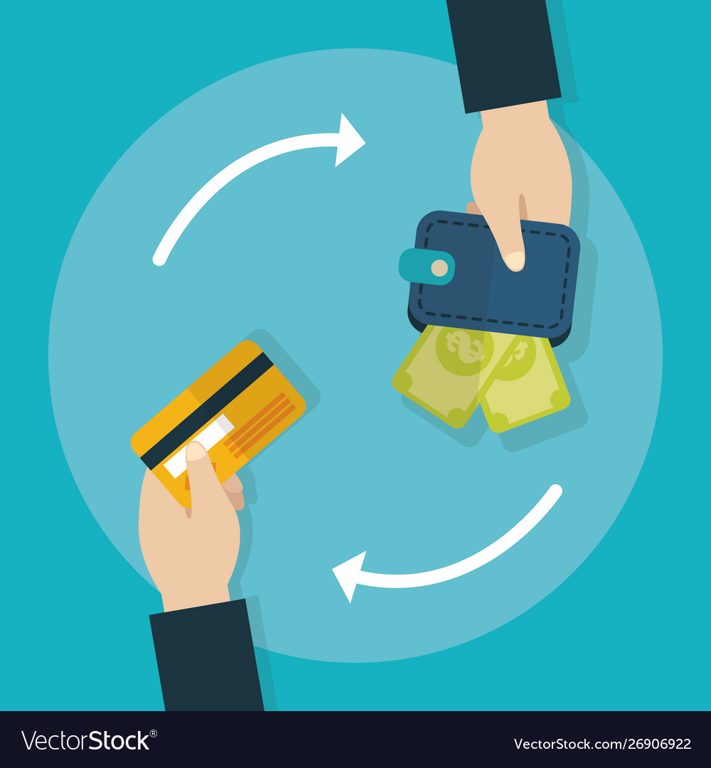Hands with wallet and bank card transaction Vector Image